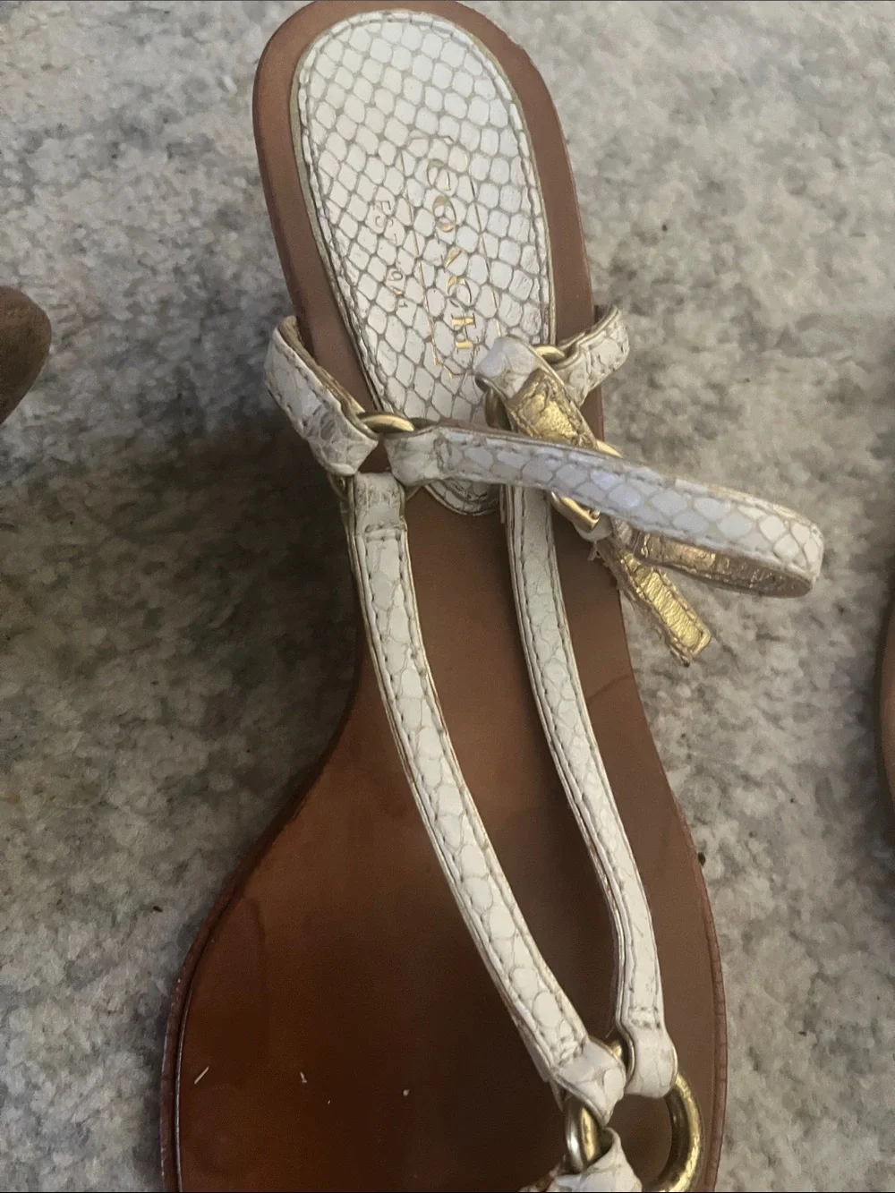 Coach White Snake-Embossed Leather T-Strap Sandals with Gold Hardware